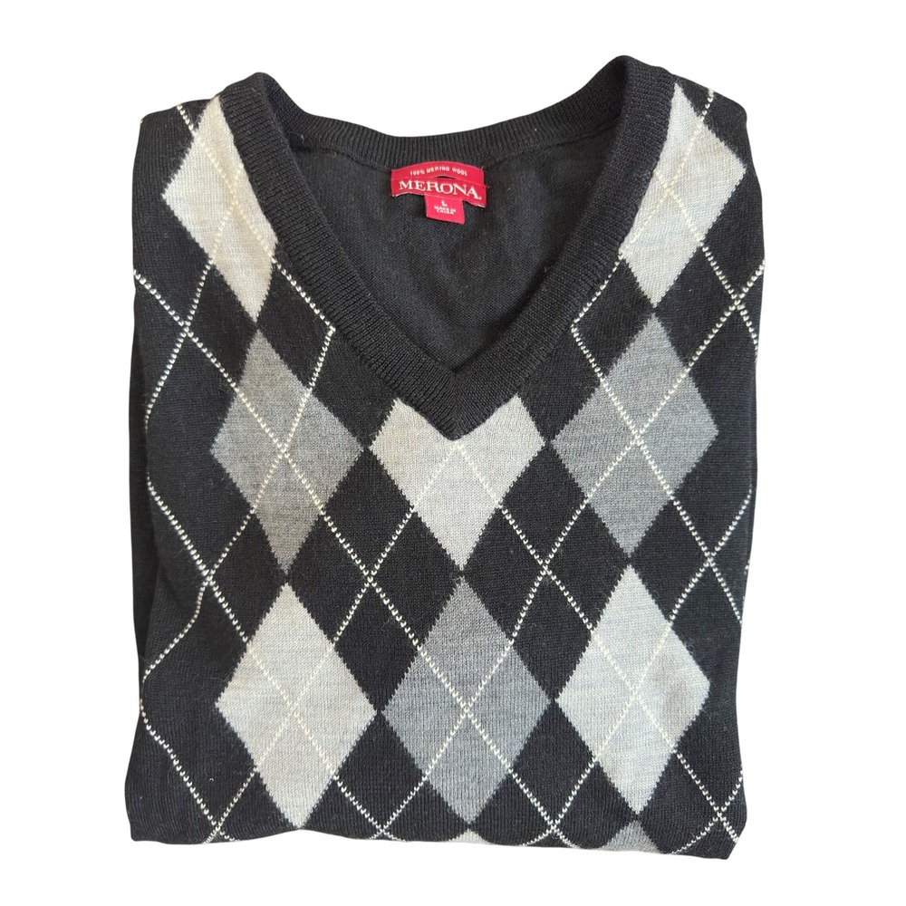 Merona Mens V-Neck Sweater Argyle Black Gray 100% Merino Wool Preppy Ivy Size L